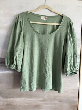 NATION LTD Nigella Scoop Neck Top Womens XL Green Puff Sleeves Pima Cotton